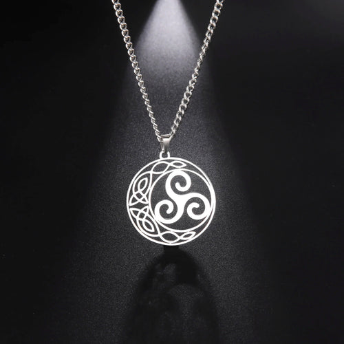 Celtic Triskele Crescent Moon Pendant Necklace — Stainless Steel