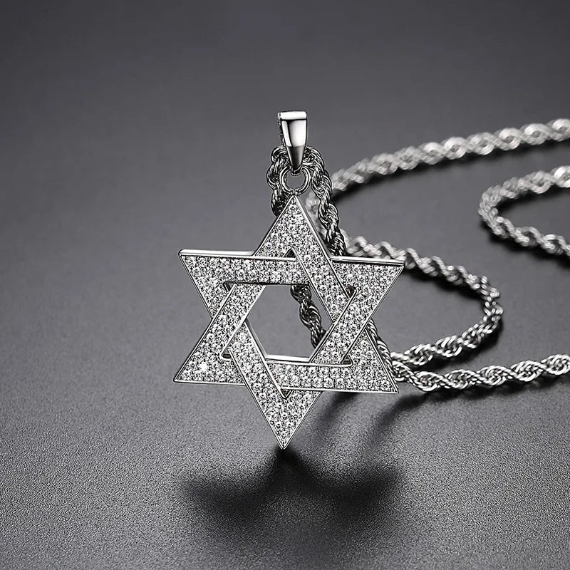 Iced Out Hexagram Pendant Necklace Stainless Steel