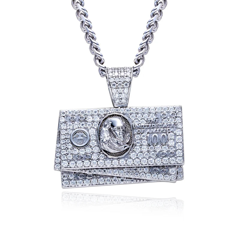 Iced Out Dollar Bill Pendant — 925 Silver