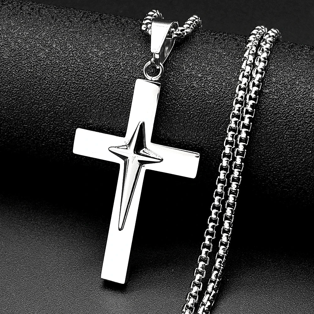 Jesus Starburst Cross Necklace — Stainless Steel Box Chain