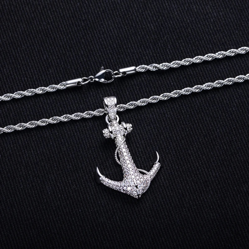 Iced Out Anchor Pendant — 14K Gold
