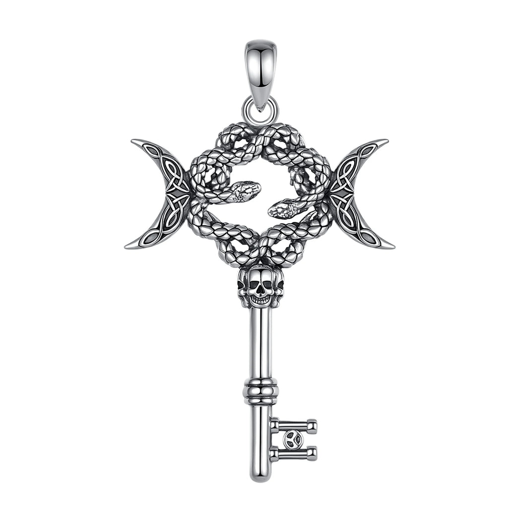 AEONSLOVE Silver Hecate Snake Key Necklace Triple Moon Goddess Pendant Witch Amulet Spiritual Jewelry for Women