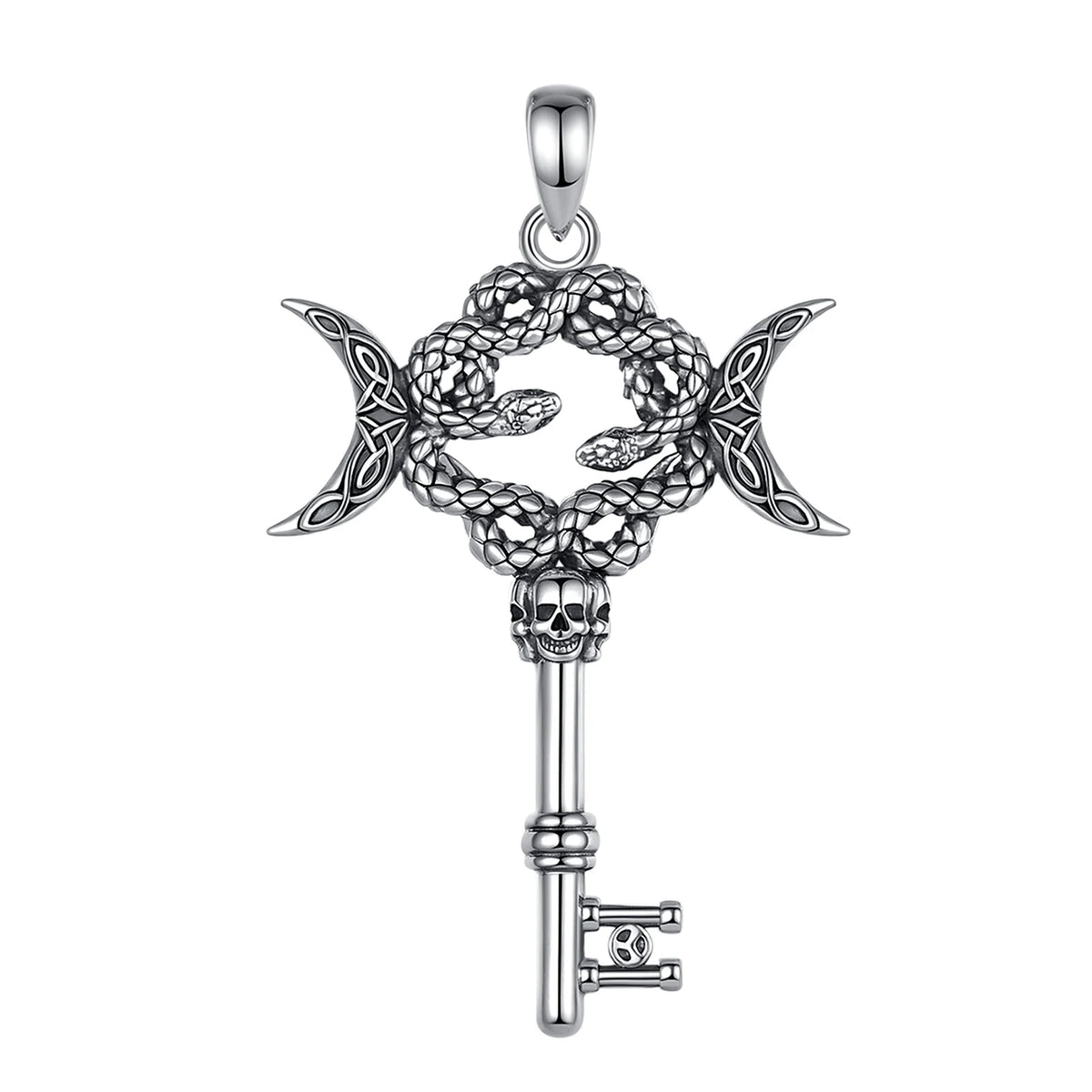AEONSLOVE Silver Hecate Snake Key Necklace Triple Moon Goddess Pendant Witch Amulet Spiritual Jewelry for Women