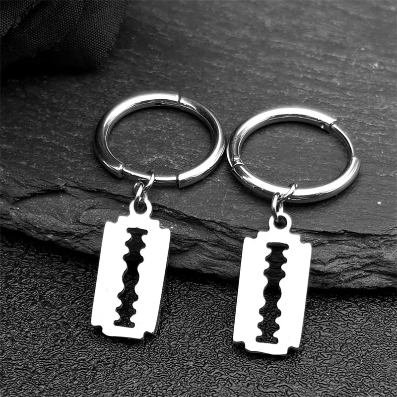 Hip Hop Razor Blade Dangle Earrings For Women Men Stainless Steel Silver Color Male Man Pendant Drop Earring Jewelry