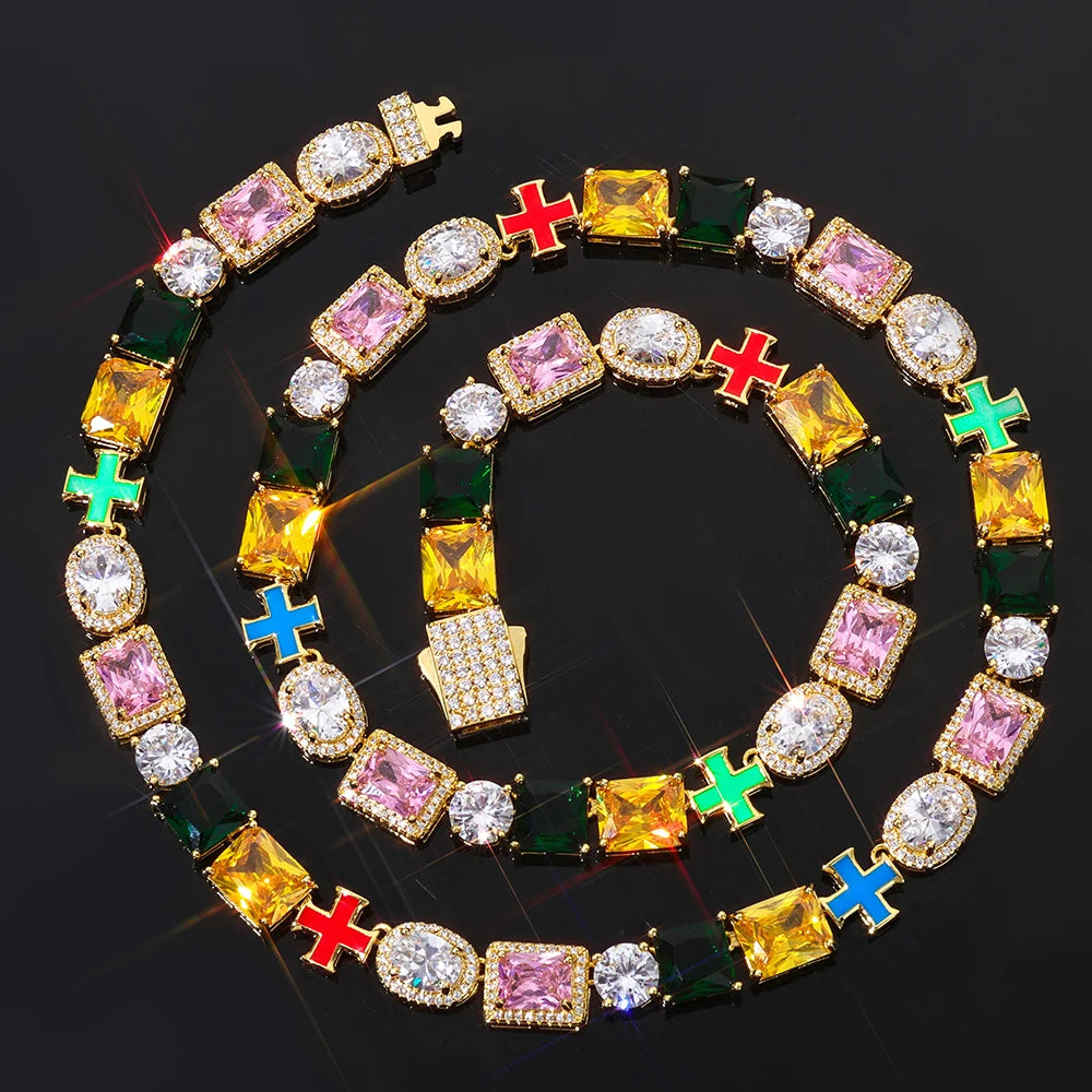 Iced Out Gemstone Necklace Stainless Steel Multi