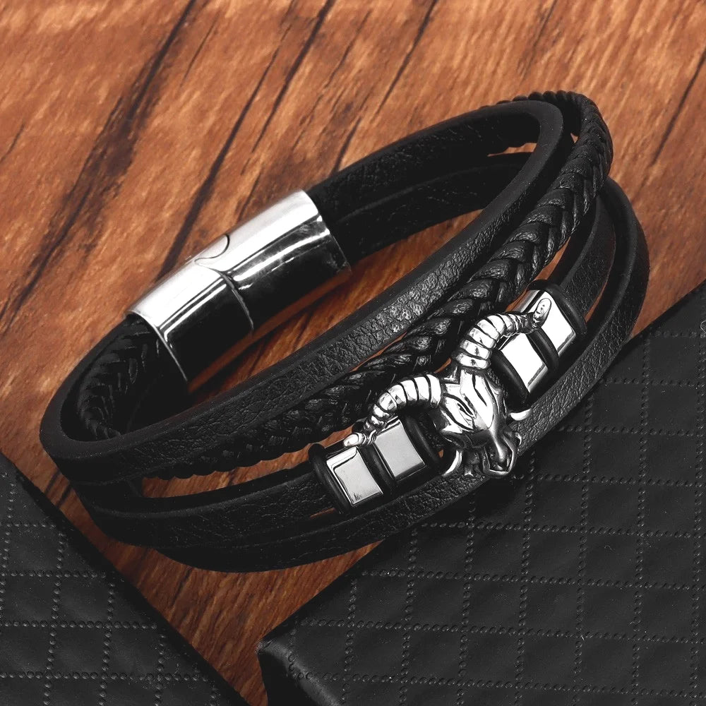 New Vintage Leather Woven Rope Bracelet Titanium Steel Sheep's Head Magnetic Buckle Men's Bracelet Fashion Jewelry