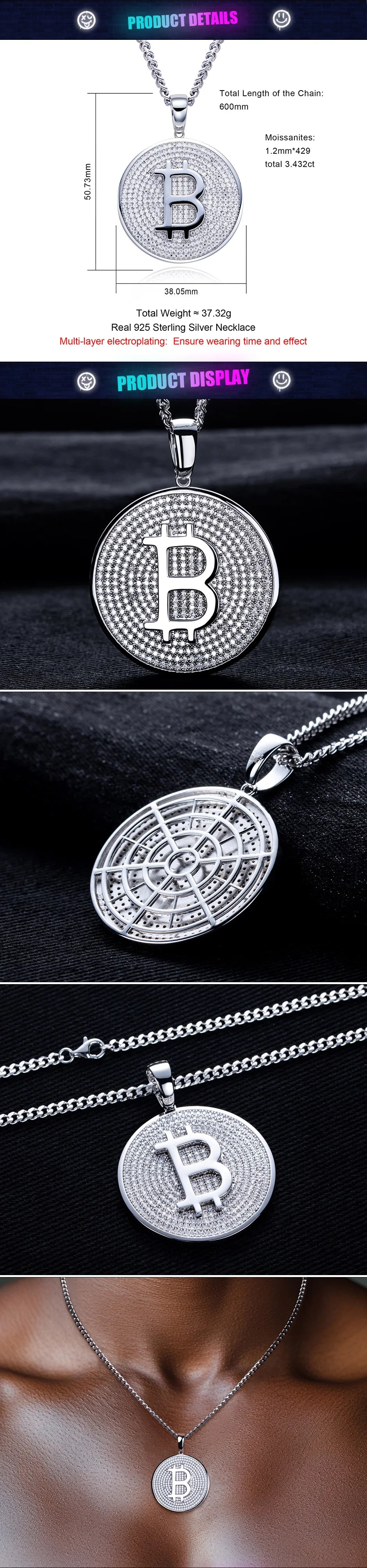 Iced Out Bitcoin Pendant — 925 Silver