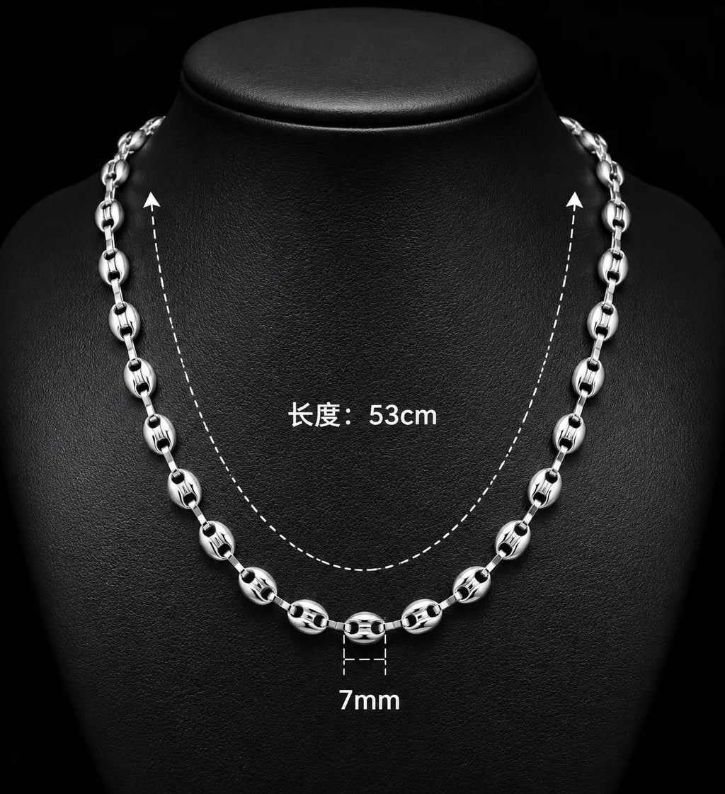 316L Stainless Steel Pig Nose Chain 58cm, Non-Tarnish Coffee Bean Link Necklace, Waterproof Hip Hop Jewelry Gold Silver