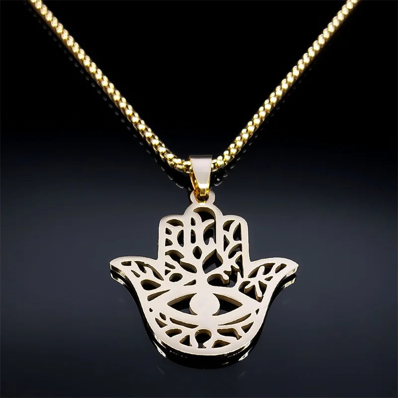 Hollow Fatima Hamsa Hand Pendants Necklace Stainless Steel Gold Color Luck Hand Palm Blue Turkey Eye Necklacse Jewelry Collares