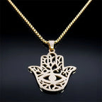 Hollow Fatima Hamsa Hand Pendants Necklace Stainless Steel Gold Color Luck Hand Palm Blue Turkey Eye Necklacse Jewelry Collares
