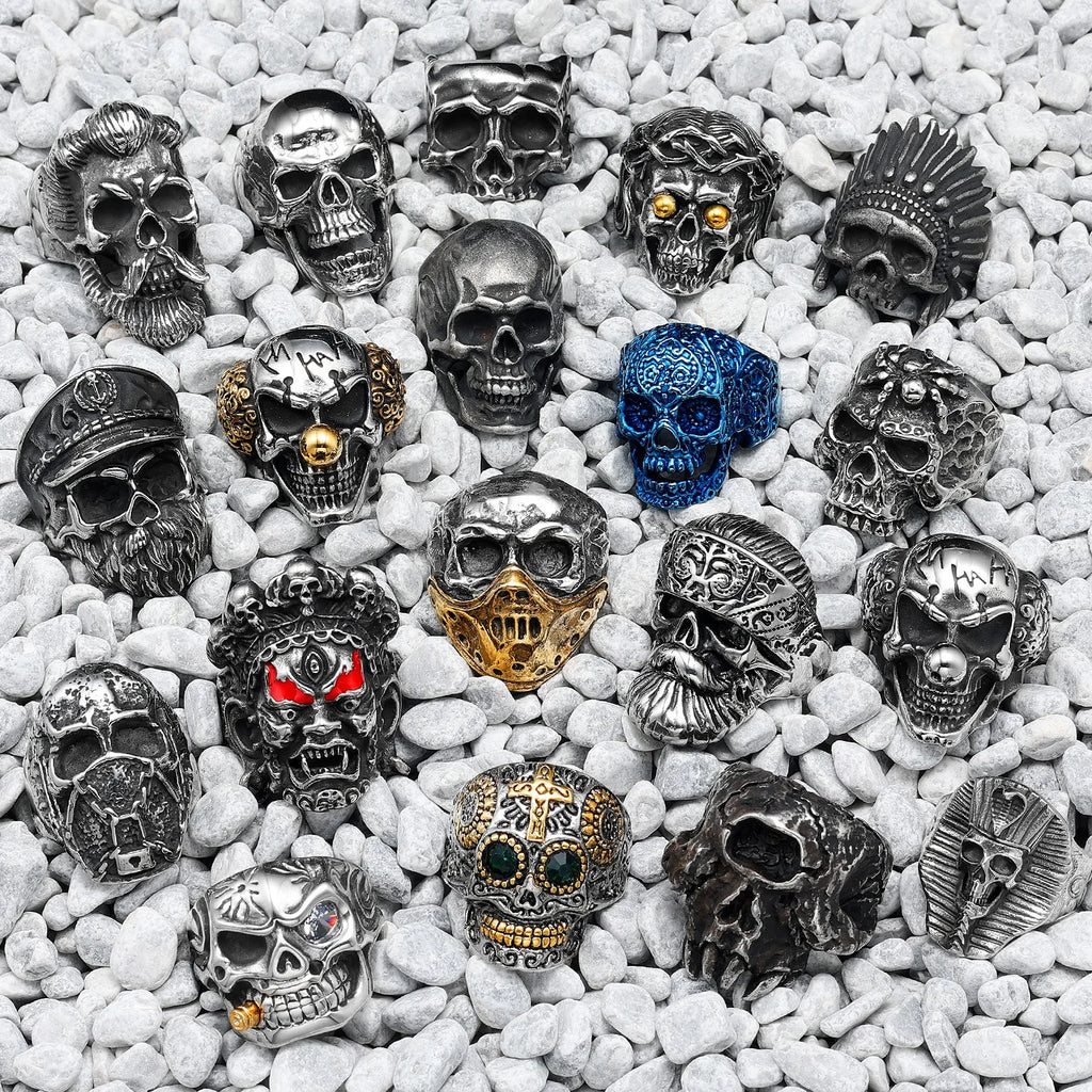 Vintage Punk Gothic All Skull Head Series Stainless Steel Womens Mens Rings Unique for Biker Jewelry Creativity Gift