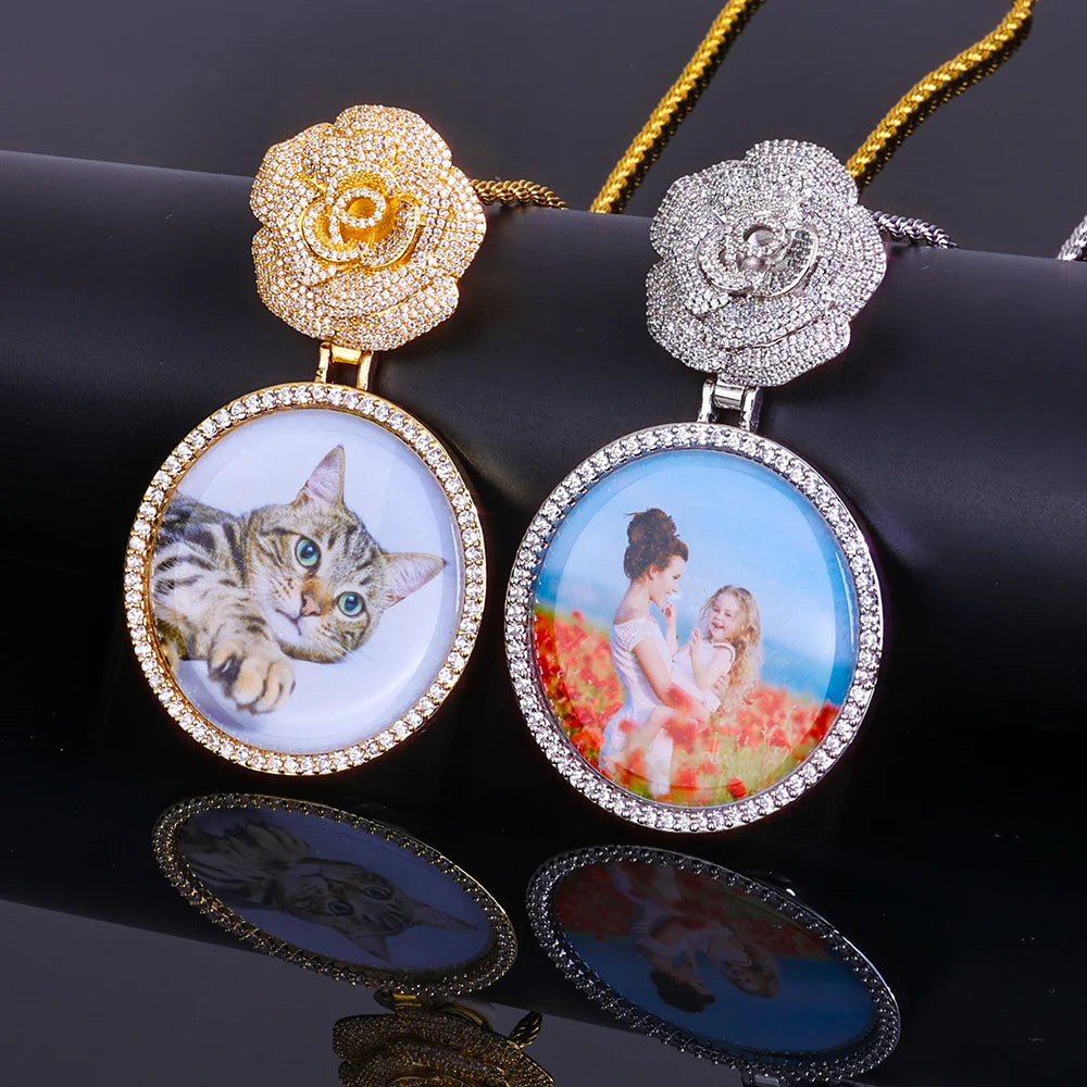 Statement Photo Pendant Necklace Rose Medallion