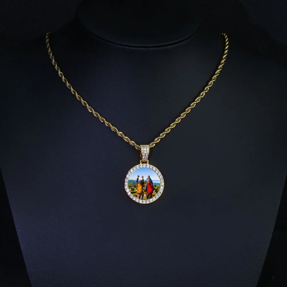 HHIOK Customized Necklaces Circle Chain Picture Personalized Diamond Memory Pendant with Photo Wing Design Gift for Men