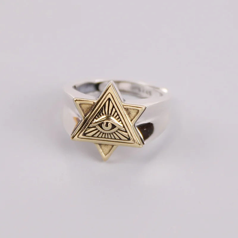 Gothic Eye of Providence Open Ring — Two-Tone Adjustable