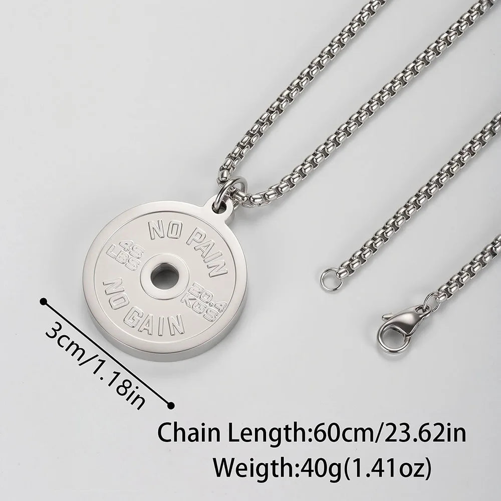 1PC  ING Fadeless Stainless Steel Round Dumbbell Pendant Necklace for Men NO PAIN NO GAIN Fitness Necklace Man Spiritual Jewelry