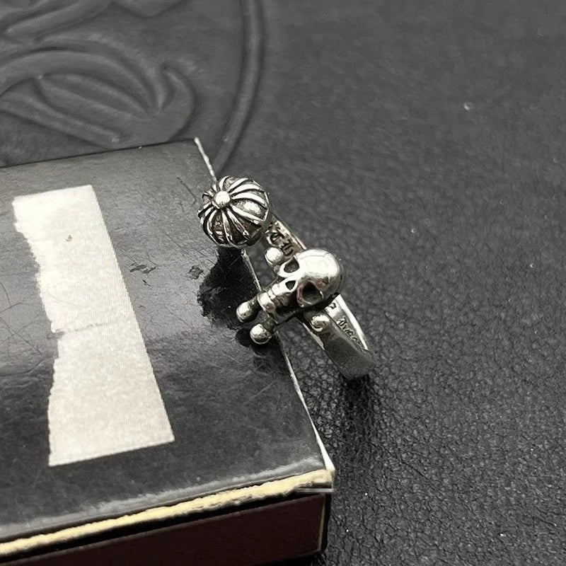 S925 Sterling Silver Vintage Cross Ball Skull Man Opening Fine Ring Men's Medieval Non-Fading Niche Premium