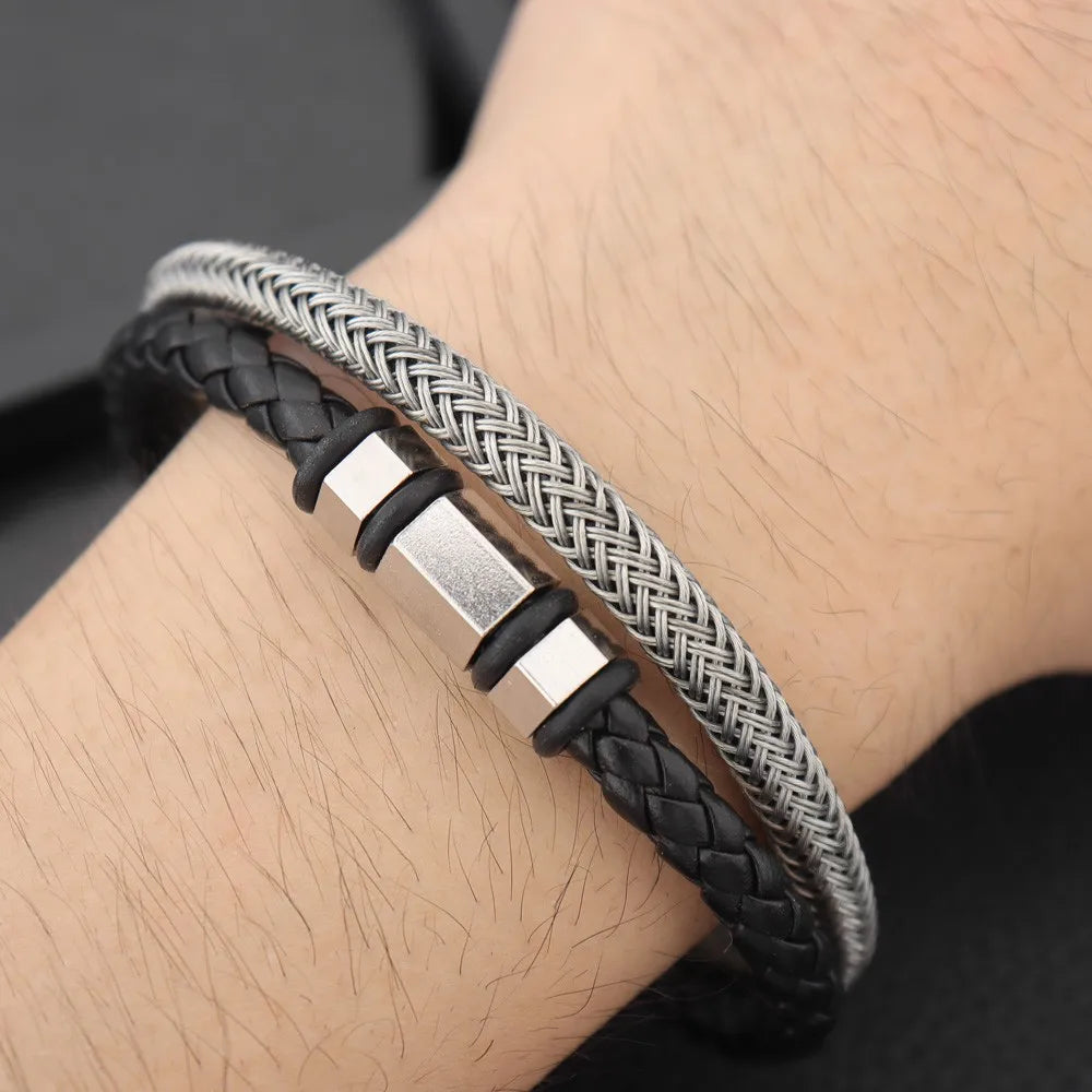 Simple Braided Wire Bracelet for Men — Black and White Color