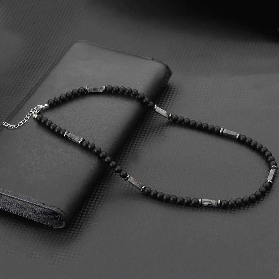 Unique Natural Stone Necklace For Men 19 Inches Short Choker Stainless Steel Buckle Square Tiger Eyes Beads Cycling Accessories