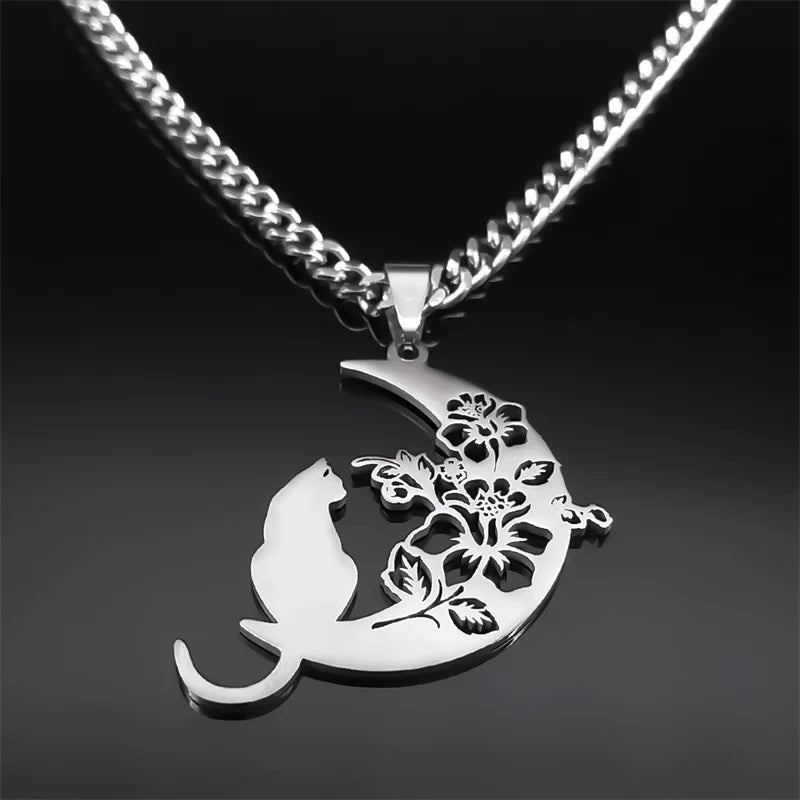 Wicca Moon Cat Pendant — Stainless Steel