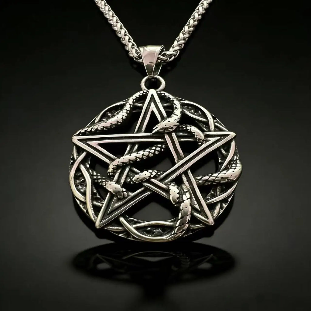 Rune Steel Pendant 316L Pentagram Snake Entwined