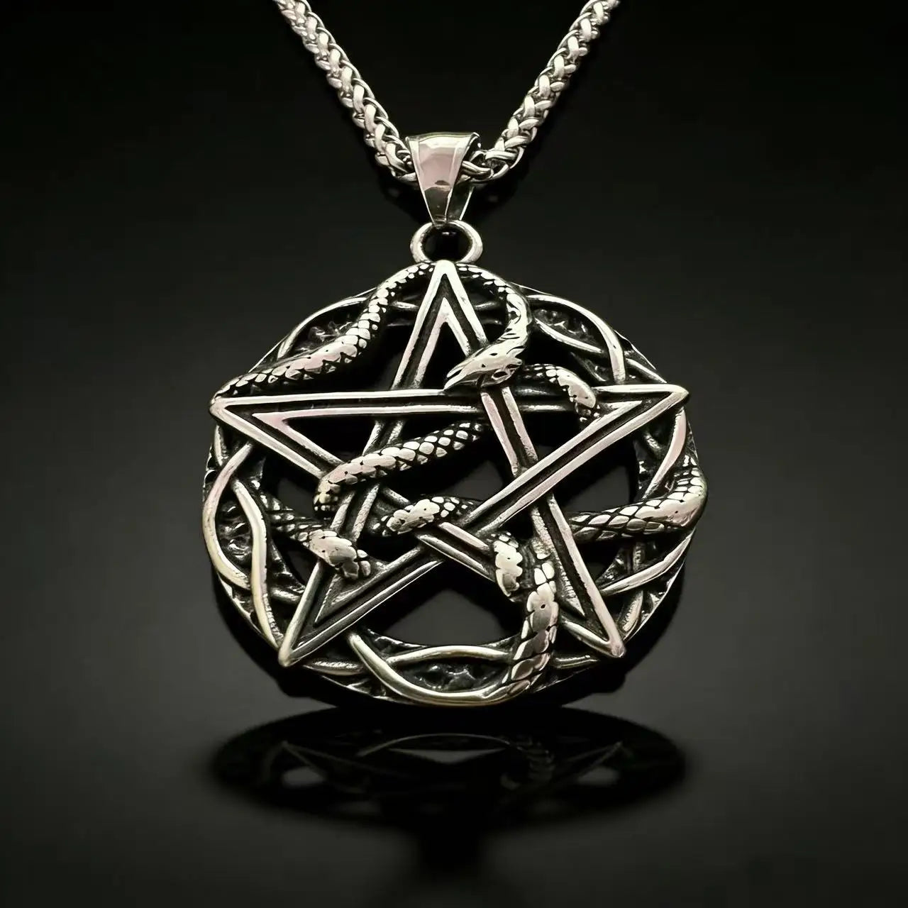 Rune Steel Pendant 316L Pentagram Snake Entwined