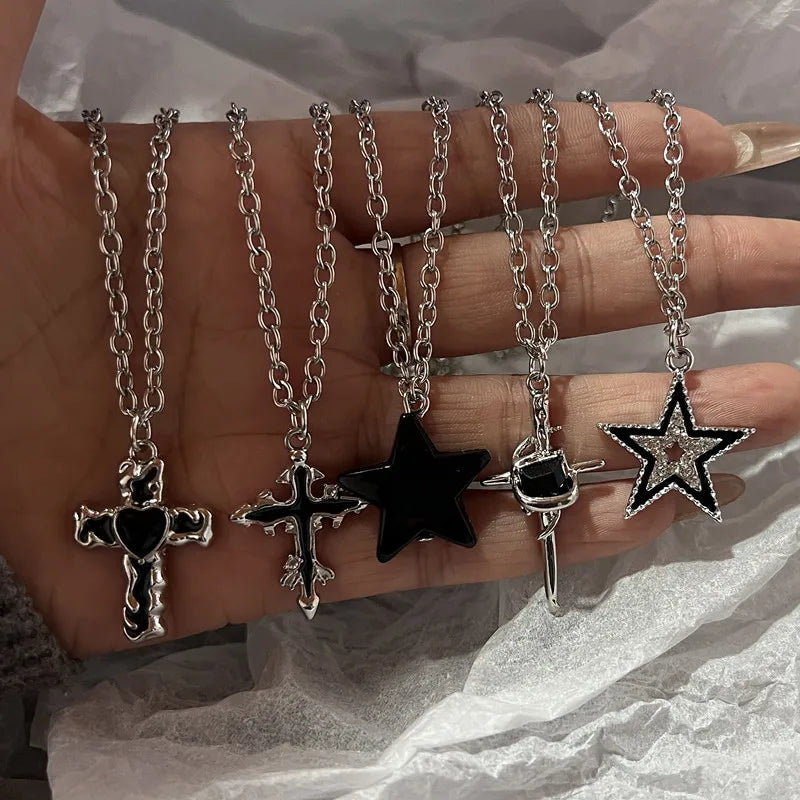 Silver Black Cross Pendant Necklace Vintage Carved
