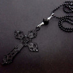Gothic Hollow Relief Cross Pendant Beaded Chain Necklace — Black