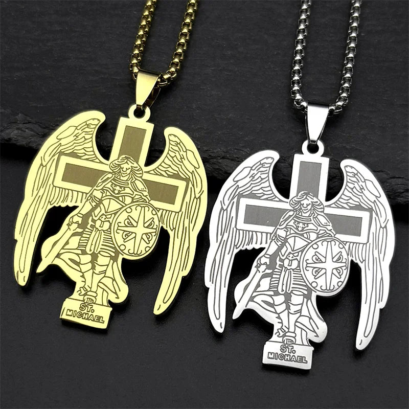 Archangel St.Michael Protect Us Cross Pendant Necklace for Women Men Stainless Steel Gold Color Saint Michael Chain Jewelry