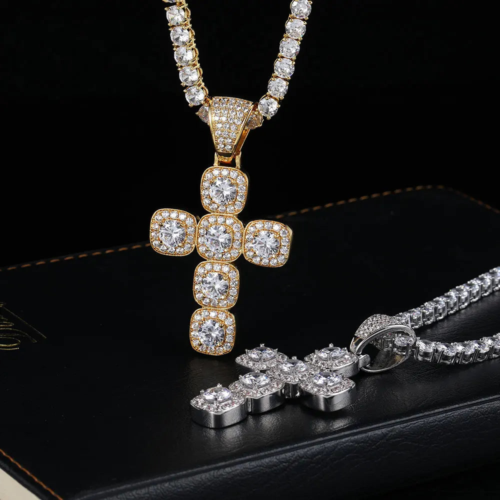 Iced Out Tennis Cross Pendant Necklace