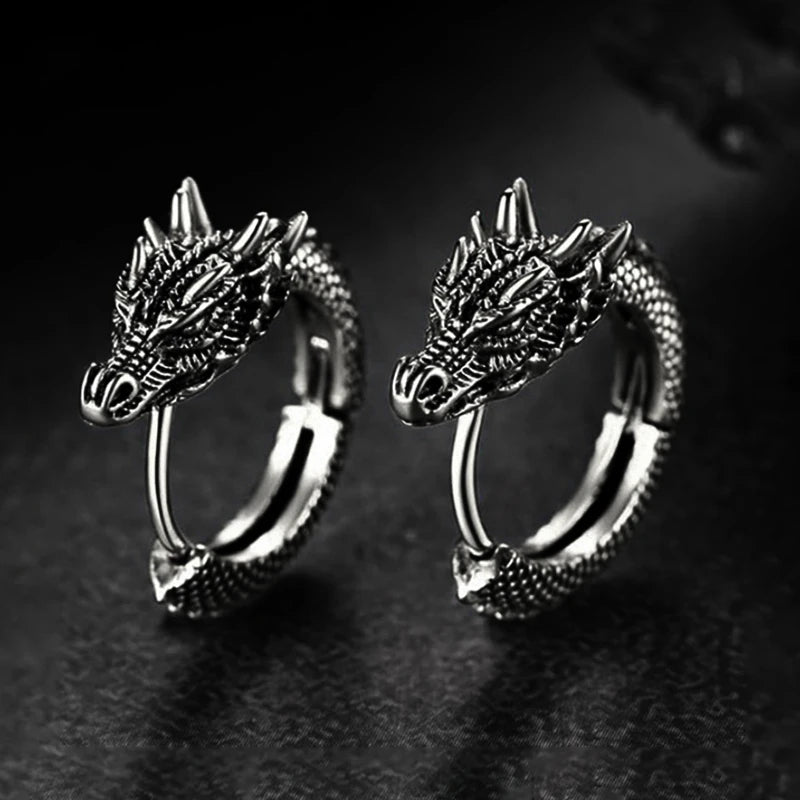 Dragon Head Hoop Earrings for Men — Stainless Steel