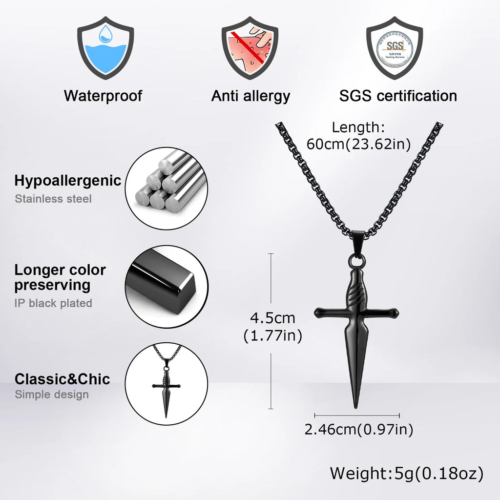 Men's Sword Cross Necklace,Short Sword Stainless Steel Pendant Necklace,Rock Punk Jewelry Gift