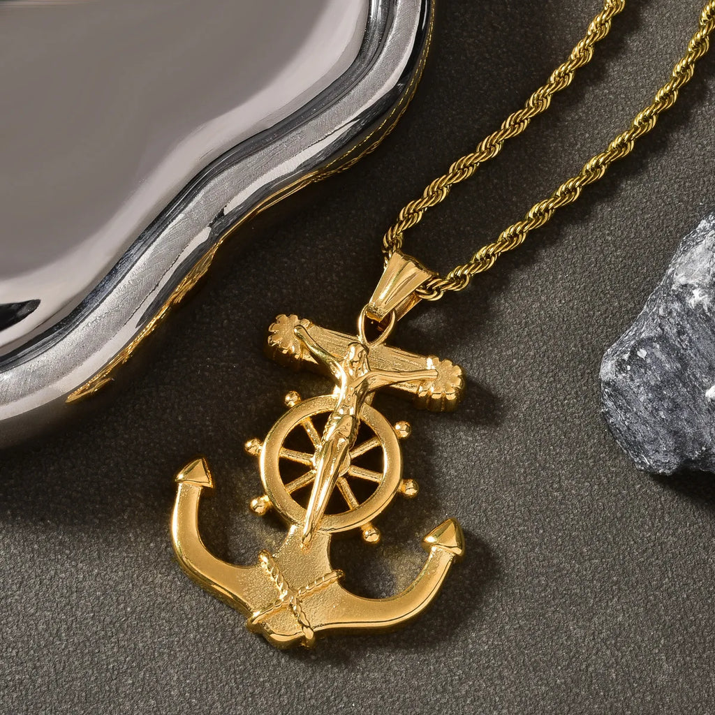 Cross Anchor Pendant Necklace — Gold-Tone Men's and Women's