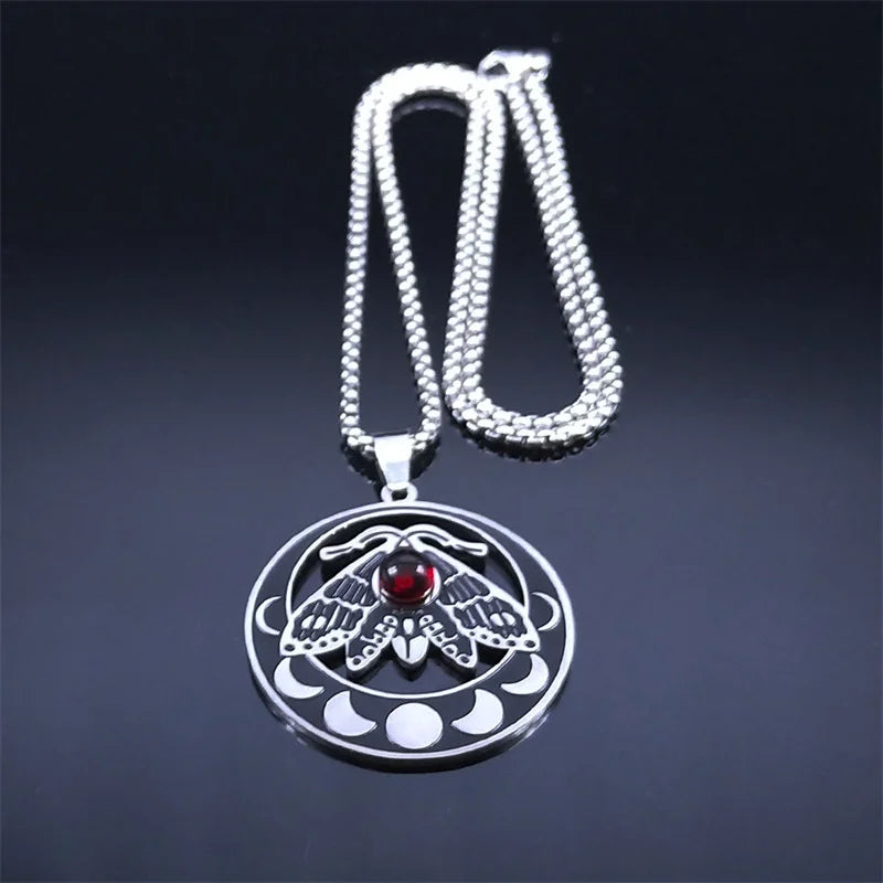 Witch Luna Moth Crescent Necklace for Women Men Stainless Steel Gothic Insect Moon Phase Chain Aesthetic Jewelry colar