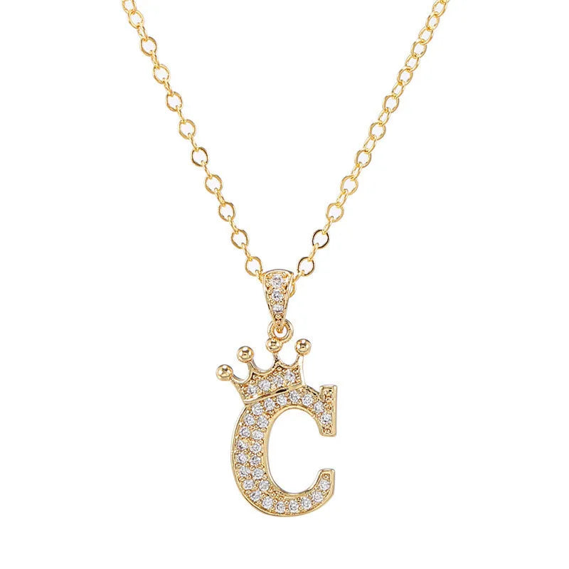 Crown Initial Letter Pendant Necklace — Copper