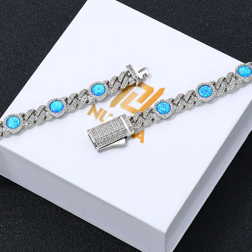 Gold Cuban Bracelet Iced Out Blue Opal 18K