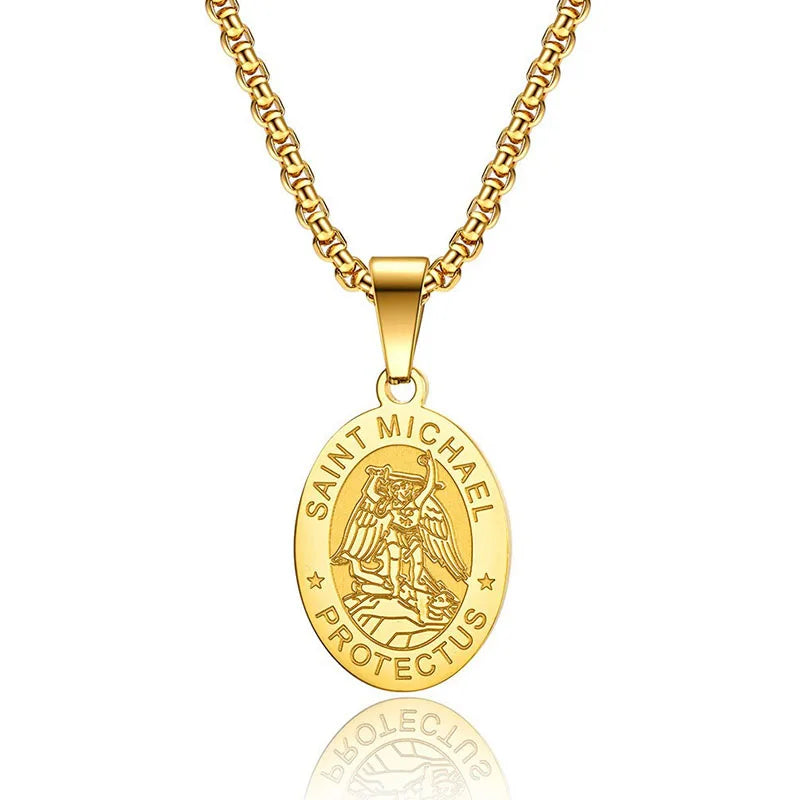 Medal San Miguel Arcanjo Archangel Necklaces Stainless Steel Chain Necklace Saint Michael Pendant Necklace Lucky