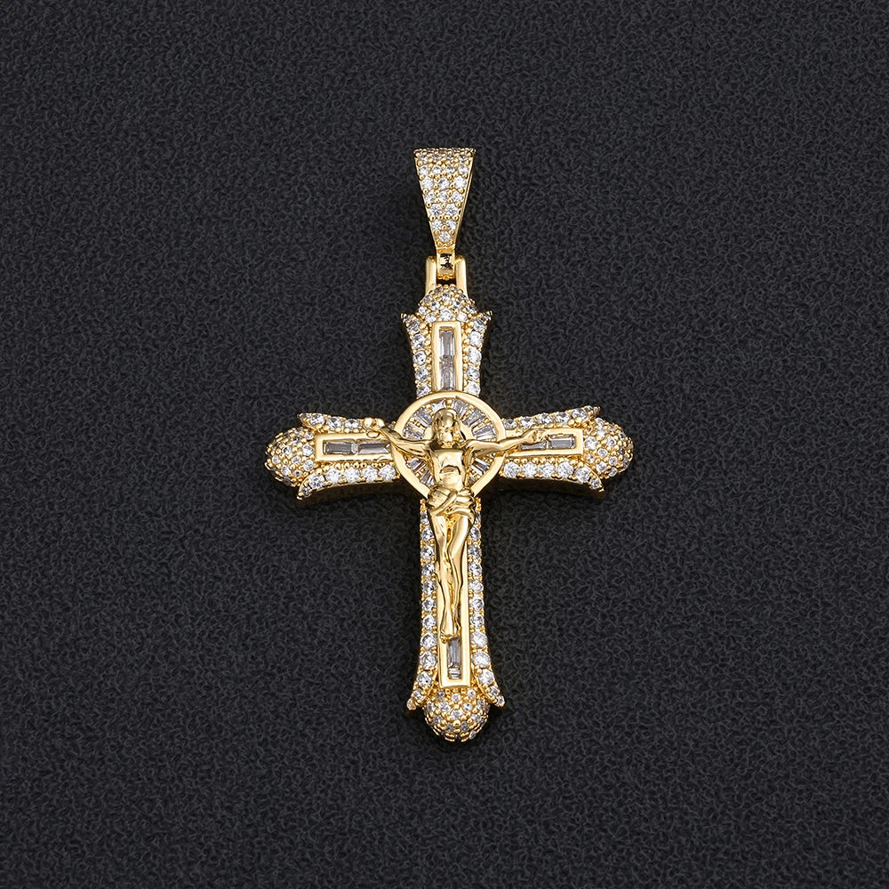Iced Out Jesus Crucifix Pendant Necklace Chain Set — Two-Tone