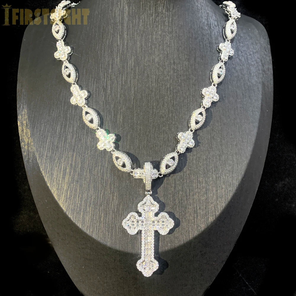 2025 New Eye Cross Necklace Iced Out Bling Silver Color Cubic Zirconia Charm Tennis Chain for Men Women Hip Hop Jewelry
