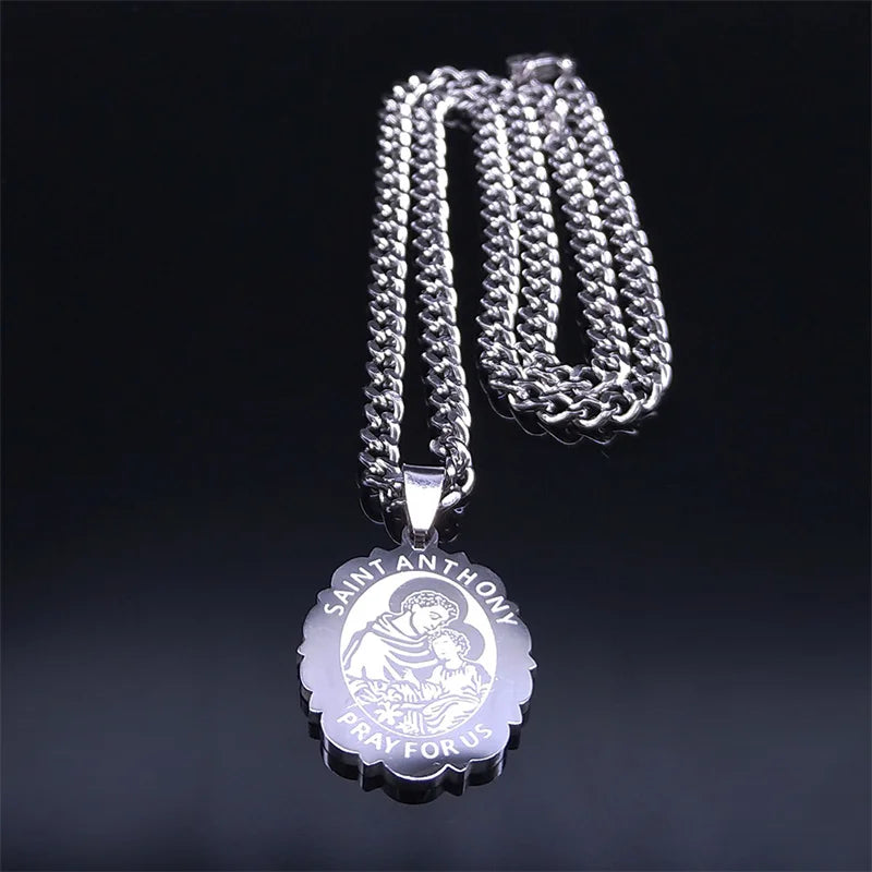 SAINT ANTHONY PRAY FOR US Stainless Steel Archangel Necklace Women/Men Silver Color Flower Necklaces Jewelry religieux