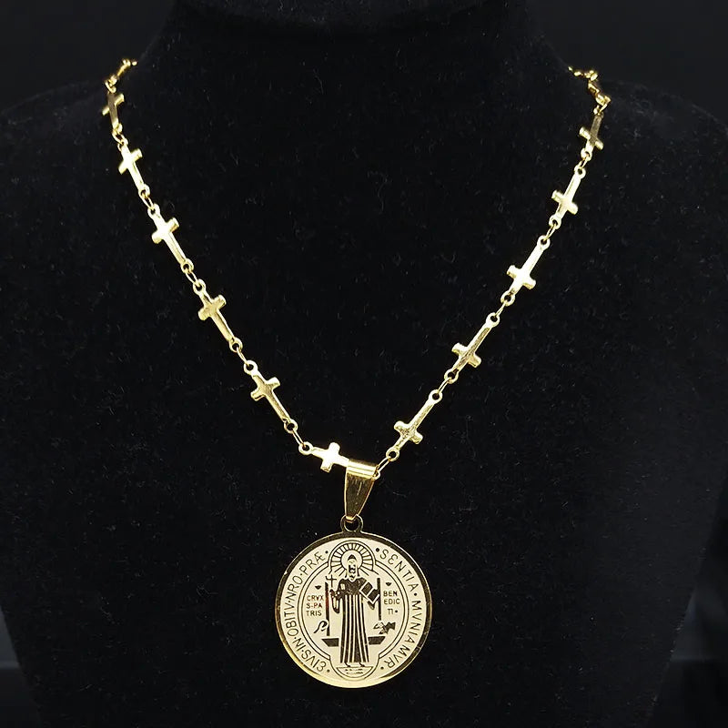 Catholic Saint Benedict Medal Stainless Steel Necklace for Women Men Gold Color Jesus Cross Chain Jewelry san benito