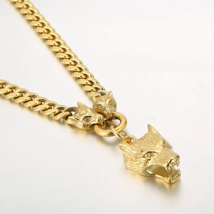 Massive Men's Wolf Head Pendant Necklace for Man 316L Stainless Steel Cuban Link Chain Gothic Hip Hop Streetwear Viking