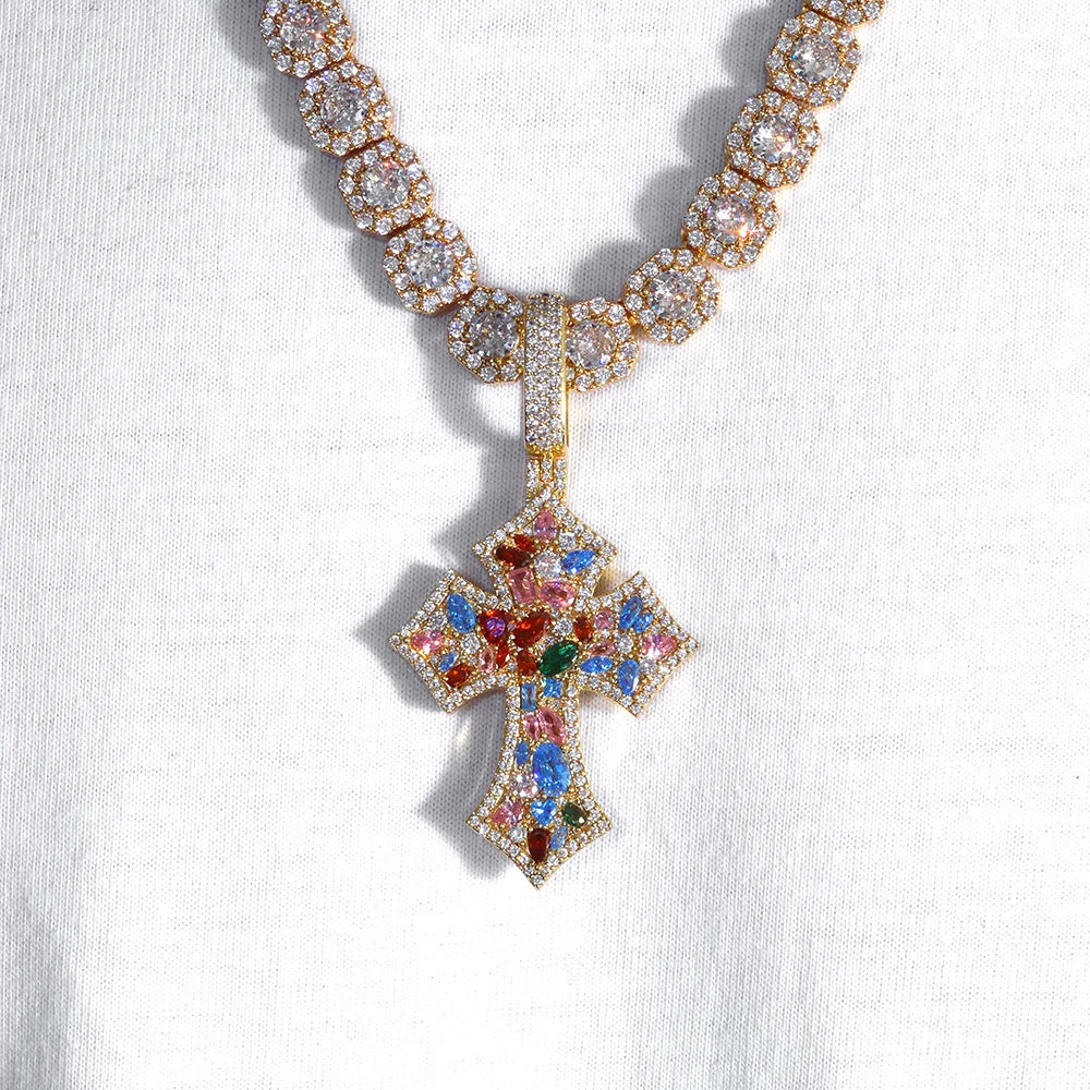 Cross Pendant Necklace Iced Out Colorful CZ