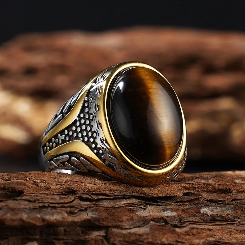 Natural Stone Series for Men Elliptical Ring with Real Tiger's Eye Stone 316L Stainless Steel Male Vintage Design Punk