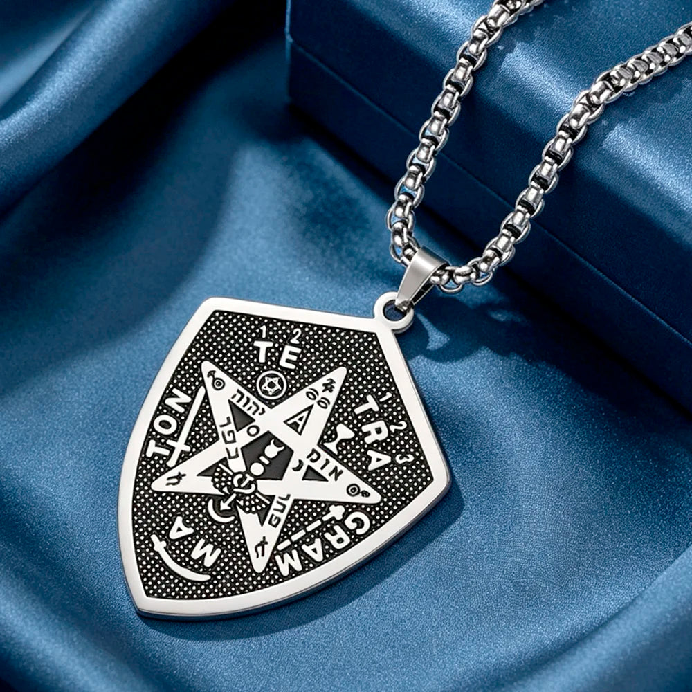 Tetragrammaton Shield Men Necklace Pentagram Protection Amulet Magical Healing Symbol Stainless Steel Wiccan Jewelry