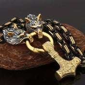 Nordic Viking Hammer Wolf Head Pendant Necklace