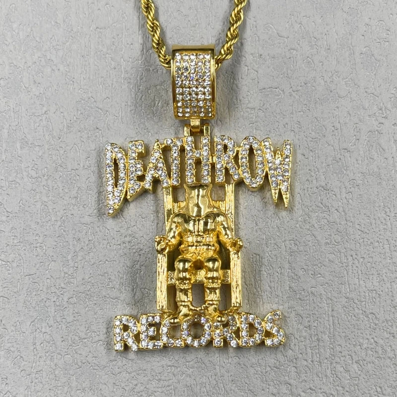 Hip Hop DEATHROW RECORDS Prisoner gold color Necklace with Rhinestones Pendant Accessories For Man Woman Iced Out