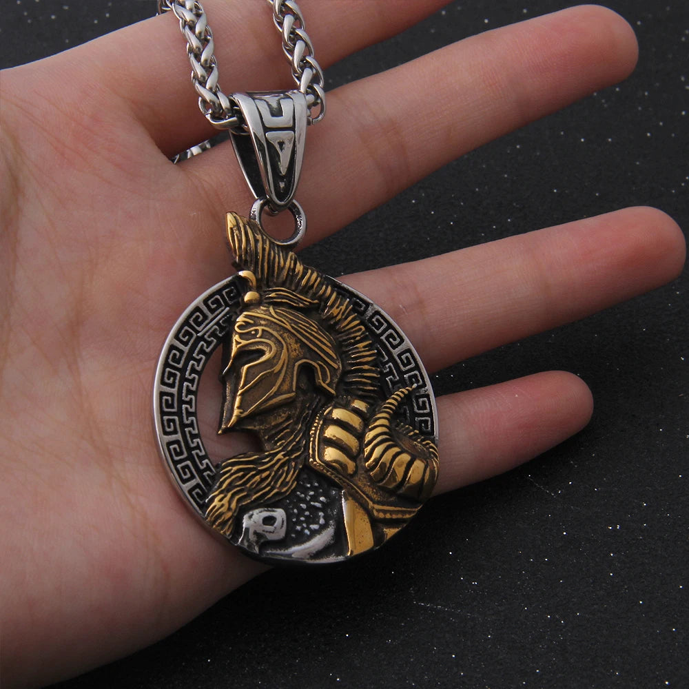 stainless steel King of War Spartan Warrior Portrait Pendant Men\'s Necklace Trend Rock Hip Hop Party Jewelry Christmas Gift