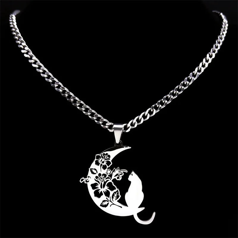 Wicca Moon Cat Pendant — Stainless Steel