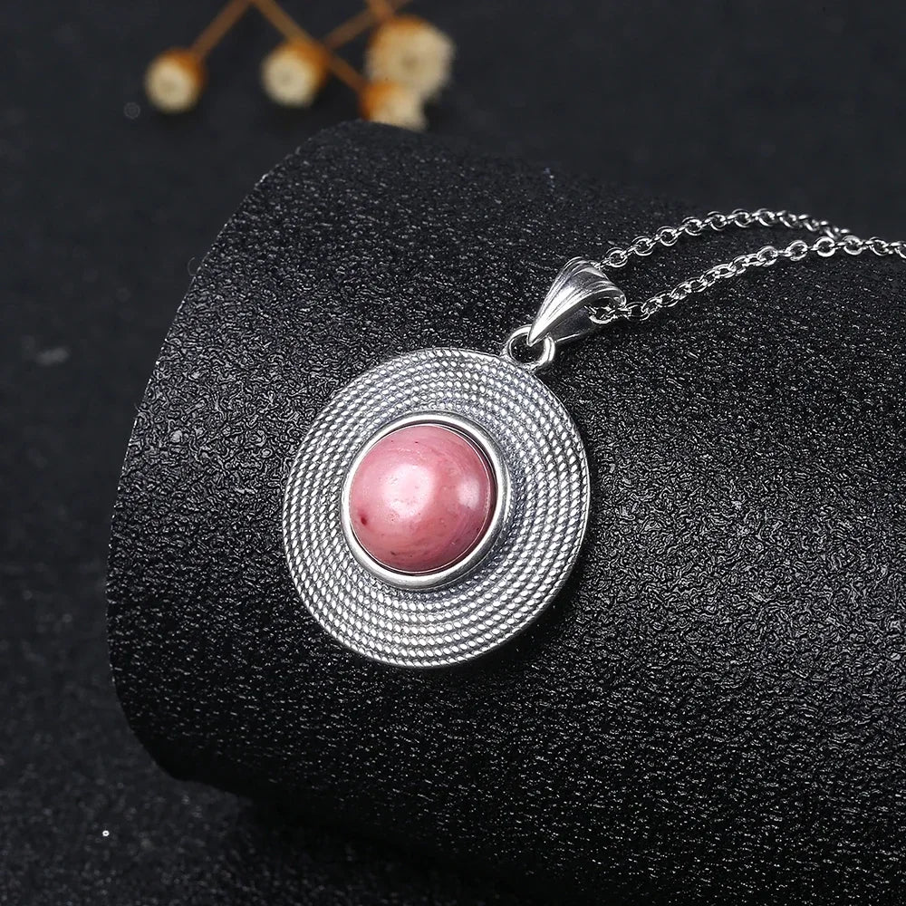 10MM Stone Round Pendant Necklace Silver High Quality Natural Tiger Eye Rhodochrosite Wedding Gift Luxury Jewelry