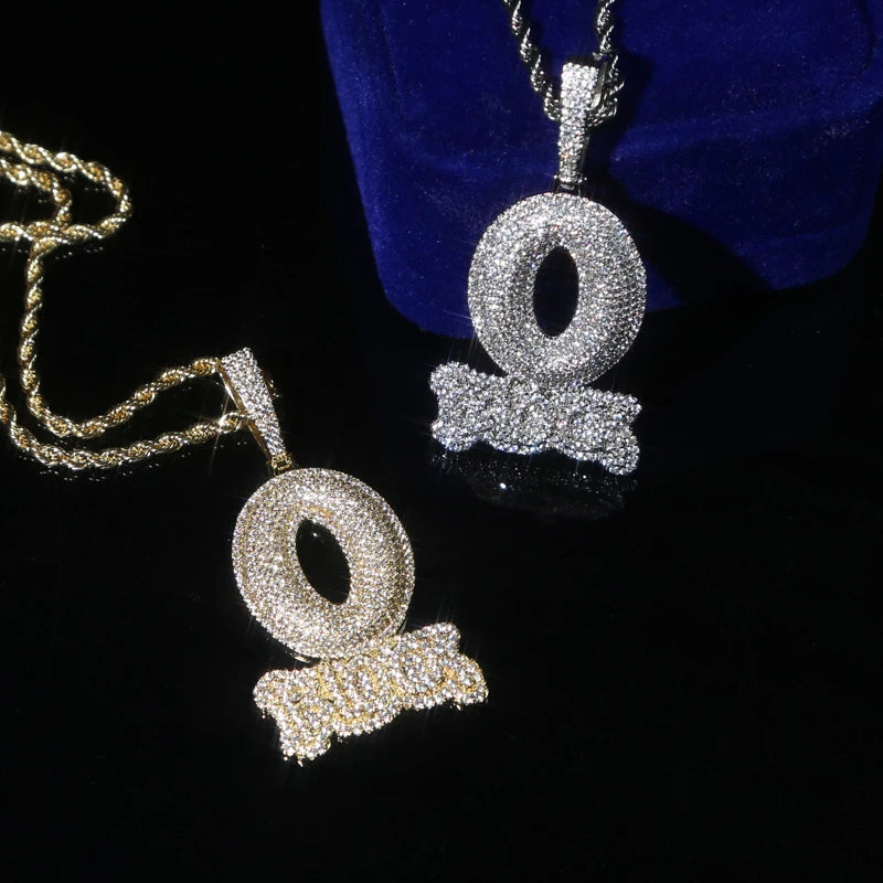 Iced Out Letter O Block Pendant Bling Cubic Zirconia Micro Pave Cz Paved Hip Hop Men Boy Rope Chain Jewelry